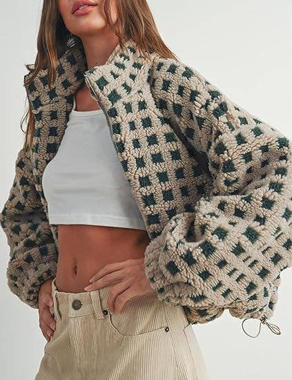 Checkered Gingham Sherpa zip-up jacket