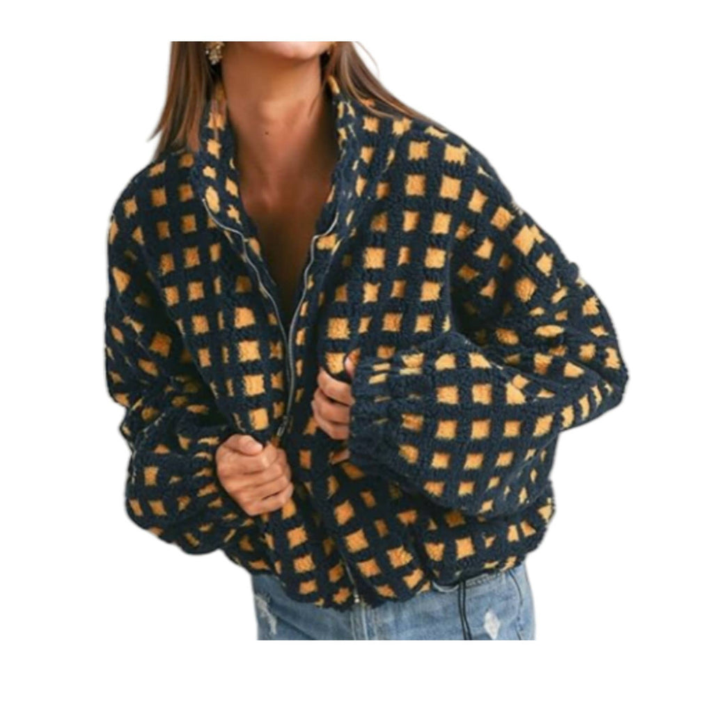 Checkered Gingham Sherpa zip-up jacket