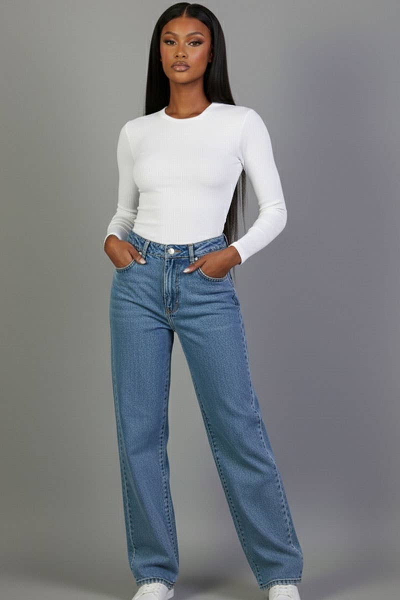 Ribbed Round Neck Long Sleeve Top