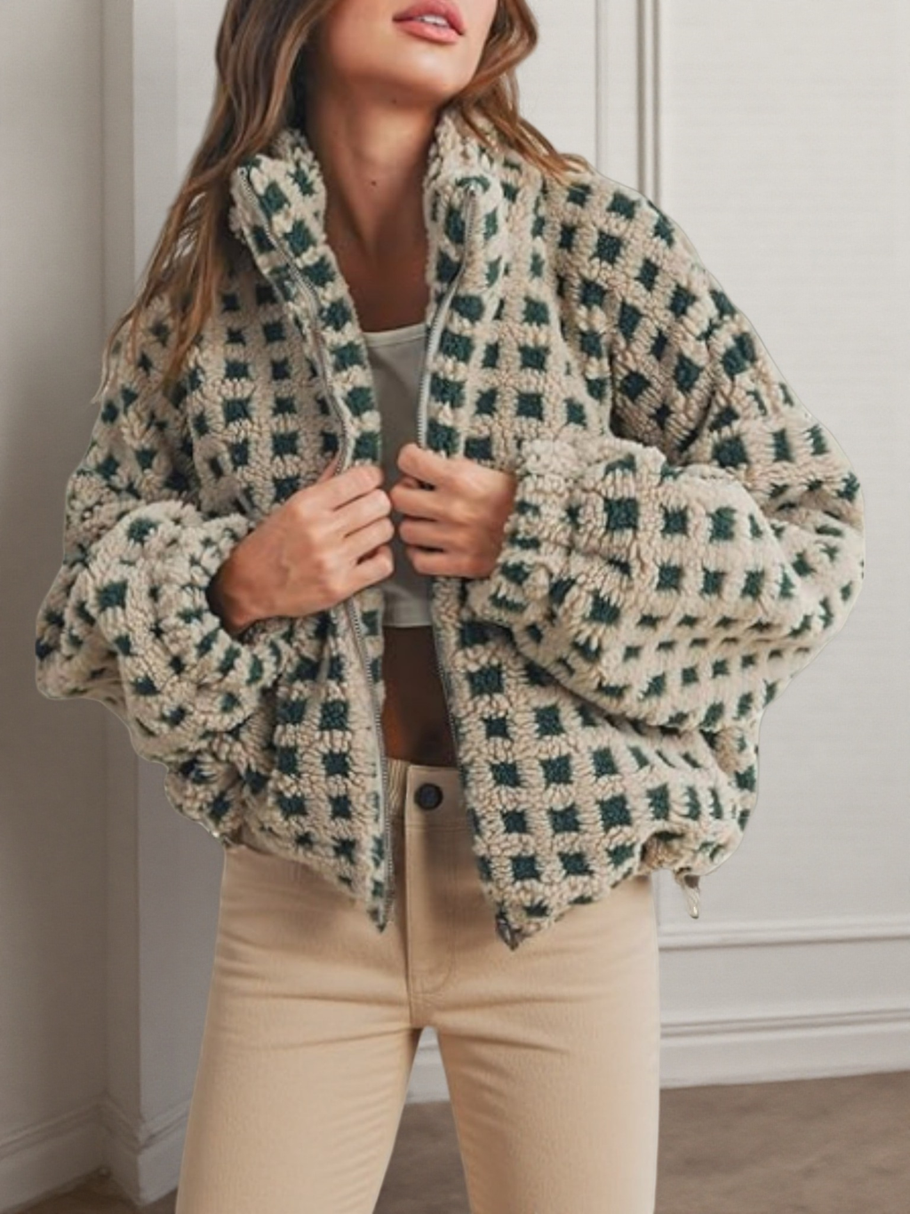 Checkered Gingham Sherpa zip-up jacket