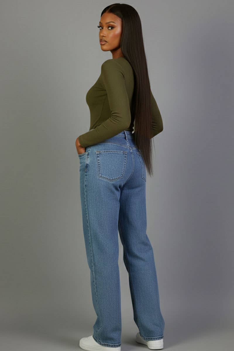 Ribbed Round Neck Long Sleeve Top