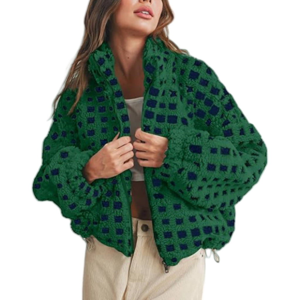 Checkered Gingham Sherpa zip-up jacket