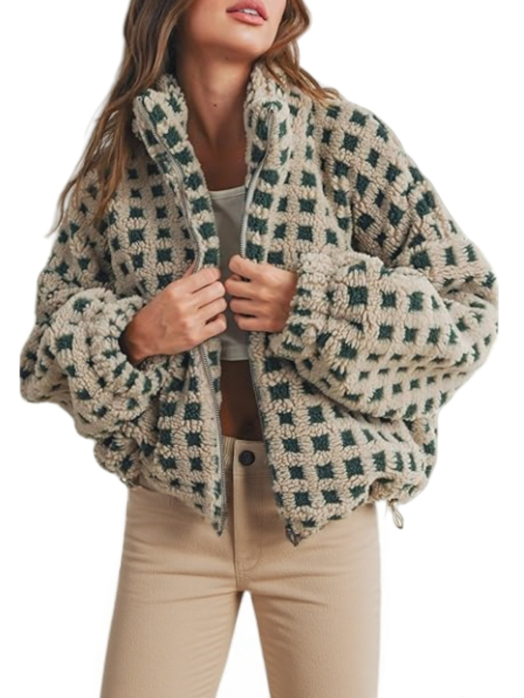 Checkered Gingham Sherpa zip-up jacket