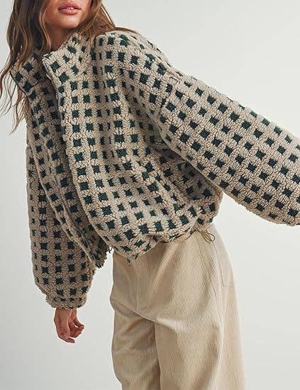 Checkered Gingham Sherpa zip-up jacket