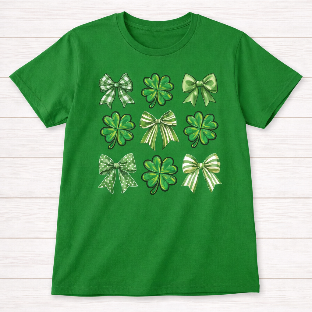 Adult St. Patricks Day T-Shirt Bows and Shamrock