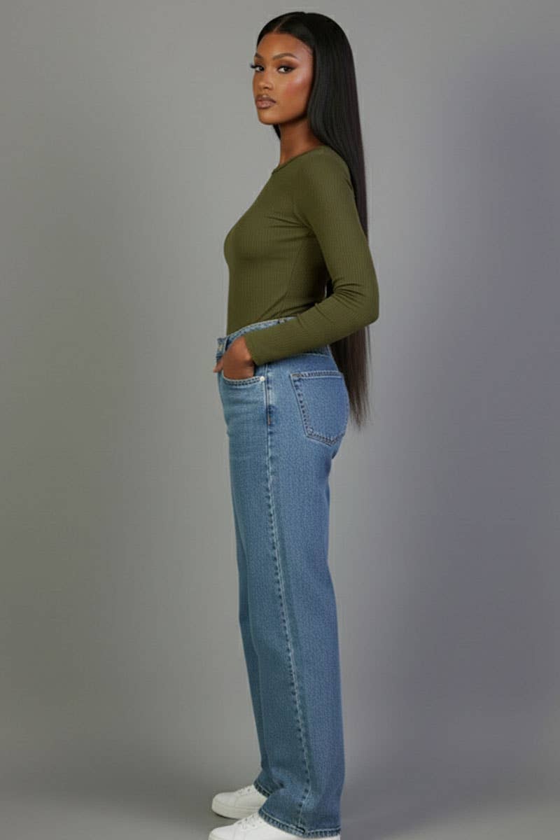 Ribbed Round Neck Long Sleeve Top