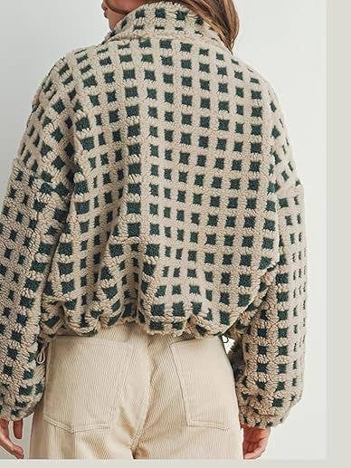 Checkered Gingham Sherpa zip-up jacket