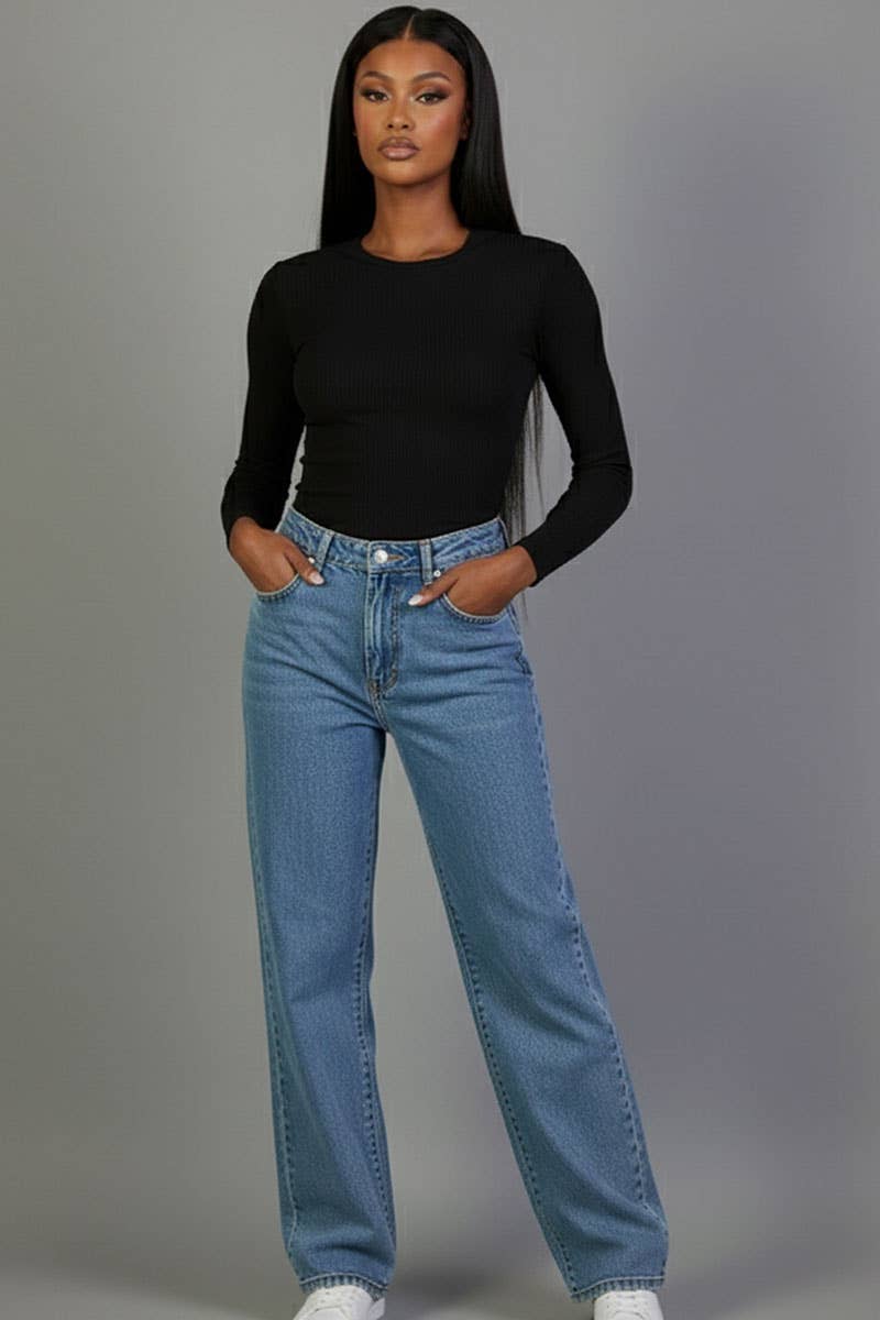 Ribbed Round Neck Long Sleeve Top